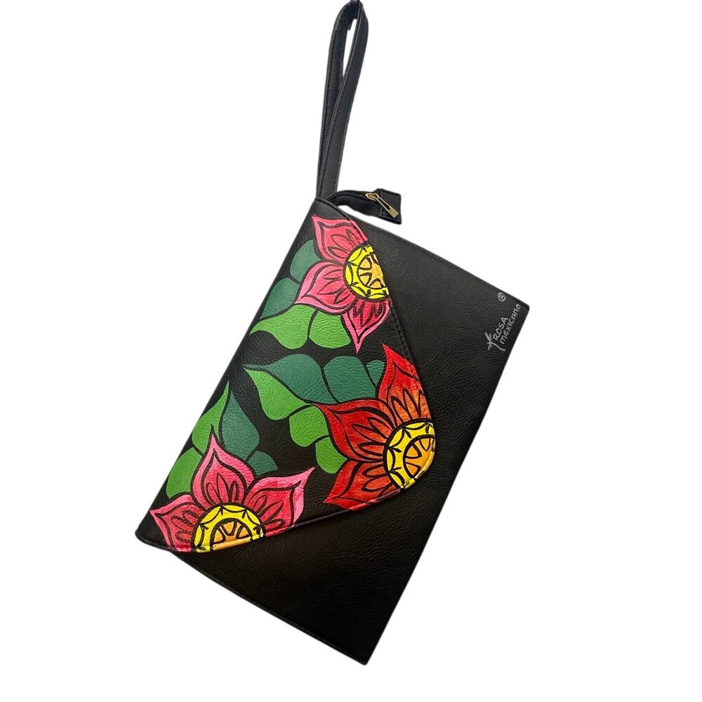 Rosa Mexicano Hand Painted Floral Leather Envelope Wristlet Black Art